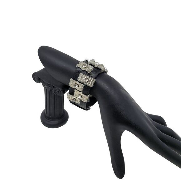 Steampunk‎ Wide Black Leather Bracelet Checker Studded Rhinestone Streetwear - Picture 8 of 8